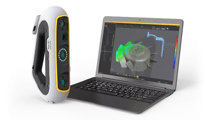 Сканер Peel3 Pro.CAD вместе с результатом сканирования на экране ноутбука